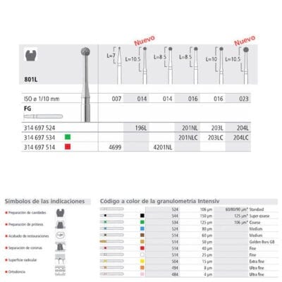 018L, Instrumento odontológico personalizado para restauraciones y preparaciones dentales, con versiones para diferentes indicaciones y granulometrías; ideal para clínicas y laboratorios dentales.