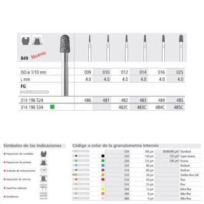 Dental burs personalizados para odontología, con diferentes lotes y códigos de color para granulometría intensiva, ideales para restauraciones, preparación de cavidades y ortodoncia.