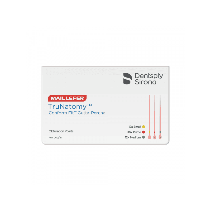 Alto texto: Dispositivo de Ortodoncia personalizado TruNatomy de Maillefer para ajustes cómodos y precisos, compatible con diferentes tamaños y puntos de obstrucción dental.