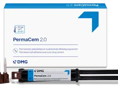 PermaCem 2.0, cemento de doble curado para odontología, en empaque de alta calidad para restauraciones y cementaciones precisas.