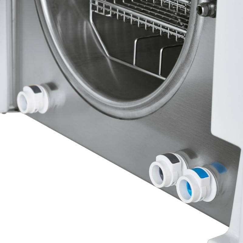 Tamaño de la imagen para dispositivo odontológico de esterilización en acero inoxidable con conexiones de agua.