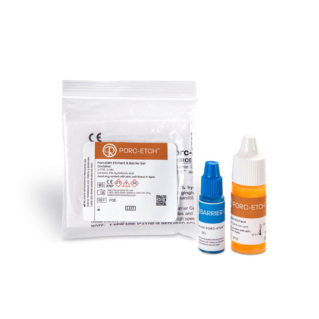 Porcelana personalizada para odontología, productos odontológicos como PORC-ETCH y geles barrier para impresiones dentales, fabricados por EXAmedic para clínicas dentales.