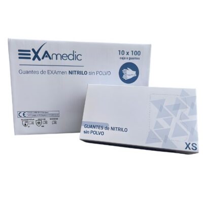Guantes de nitrilo sin polvo EXAmedic para uso odontológico, paquete de 10x100 unidades, protección personalizada para profesionales dentales.