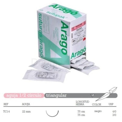 Sutura Multifilamento Supramid TC-14 Aguja 1/2 Círculo Triangular 22mm Hebra 75cm Negro No Absorbible 36u Aragó