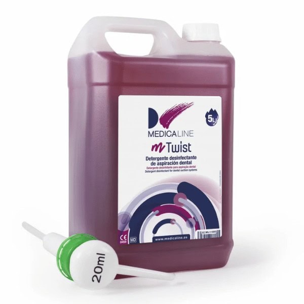 El envase de 5 litros de desinfectante dental para higiene bucal y limpieza odontológica profesional.