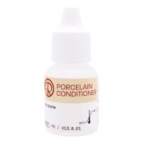 235843 Etiqueta de frasco de porcelaine fixer para prótesis dentales, con instrucciones de uso en odontología y control de temperatura en la conservación de productos odontológicos.