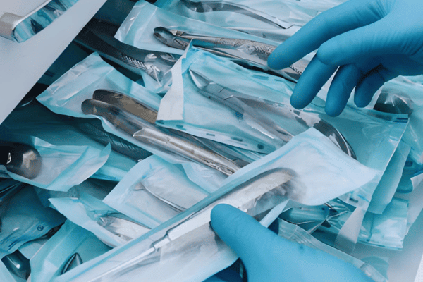 Instrumentos odontológicos personalizados en empaques de esterilización para clínicas dentales.