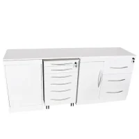 Mueble de almacenamiento odontológico blanco con múltiples cajones y puertas para productos odontológicos personalizados.
