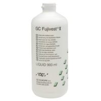 Fórmula líquida GC Fujivest II de 900 ml para odontología, ideal para restauraciones y cementados dentales, en envase de 900 ml, con etiquetado de producto y especificaciones técnicas.