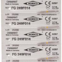 Tiras de productos odontológicos personalizados HORICO para clínicas dentales, con etiquetas de referencia, lote y especificaciones técnicas. Calidad alemana en instrumentos dentales.