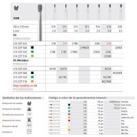 830R dental bur ISO 1/10 mm, ideal para odontología personalizada, con diferentes tamaños y colores para trabajos específicos en restauraciones y preparación de cavidades.