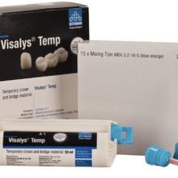 Visalys Temp, material de coronas y puentes temporales para odontología, con aguja y tips de mezcla, ideal para restauraciones provisionales personalizadas y duraderas en tratamientos dentales.