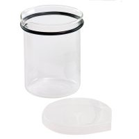 Envase de vidrio odontológico con tapa de plástico, ideal para almacenamiento de material en odontología, personalizado por EXAmedic productos odontológicos.