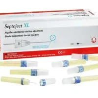agujas-septoject-xl-100u Agujas dentales estériles de silicona para odontología, marca Septoject XL, en caja con varias agujas y capsulas protectoras, ideales para procedimientos dentales precisos y seguros.