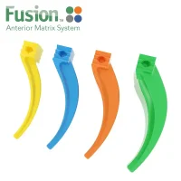 cuñas-fusion-anterior-50-uds Fusión de productos odontológicos personalizados de EXAmedic en colores amarillo, azul, naranja y verde, sistema de matriz anterior para ortodoncia y prótesis dentales.