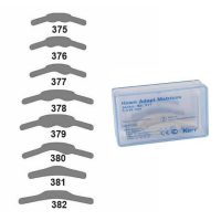 hawe-adapt-matrices-acero-0045mm-caja-30uds Archivo de imágenes de matrices de adaptación Hawe para coronas y puentes dentales, utilizados en odontología y fabricados en Suiza.