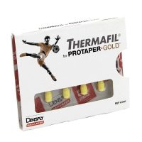 Alt: Pastillas de tratamiento odontológico personalizado Thermafil para prótesis dentales, en caja con diseño deportivo y referencia A1411.