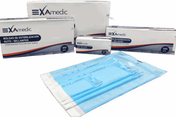 Bolsa de esterilización autoseñalantes de EXAmedic para uso odontológico, con 200 piezas, ideal para asegurar la esterilización en clínicas dentales y hospitales.